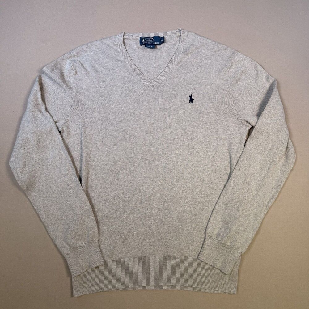 VTG Polo Ralph Lauren Sweater Men's Medium Grey 100% Pima Cotton V-Neck Preppy